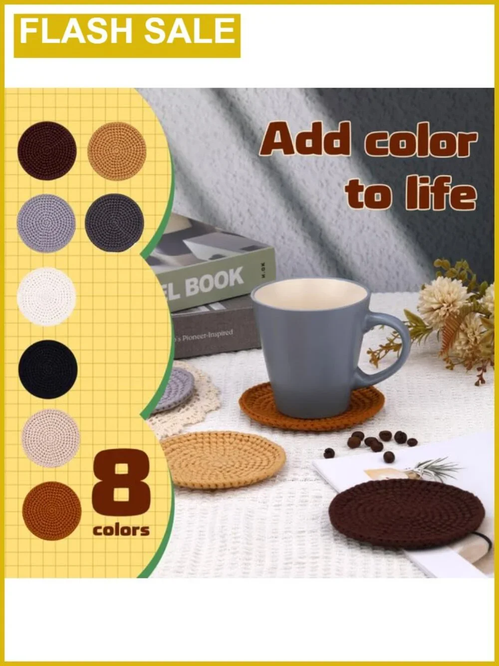 Beginner Crochet Kit for Adults Coaster Crochet Set 8 PCS Yarn Hook